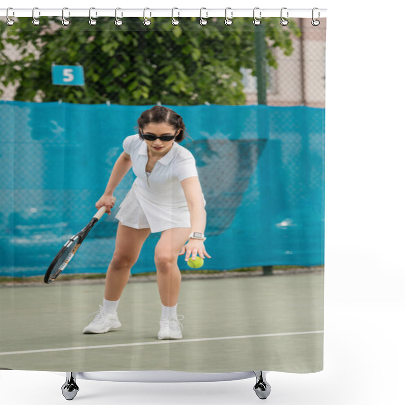 Personality  Focused Sportswoman In Sunglasses Looking At Tennis Ball During Game, Holding Racket, Motivation Shower Curtains