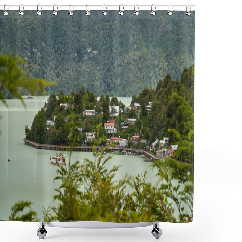 Personality  Wooden Piers And Walkways Of Lumber Town Caleta Tortel At Rio Baker Along The Carretera Austral In Patagonia, Chile, South America Shower Curtains