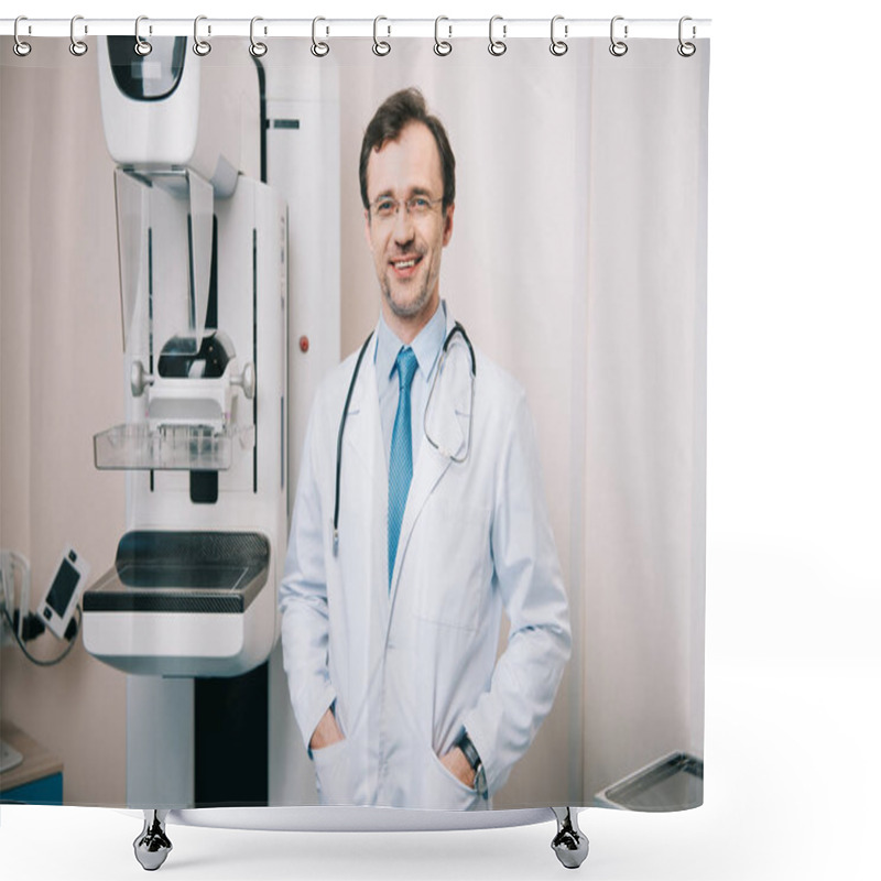 Personality  Handsome Radiologist Standing Near X-ray Machine And Looking At Camera Shower Curtains