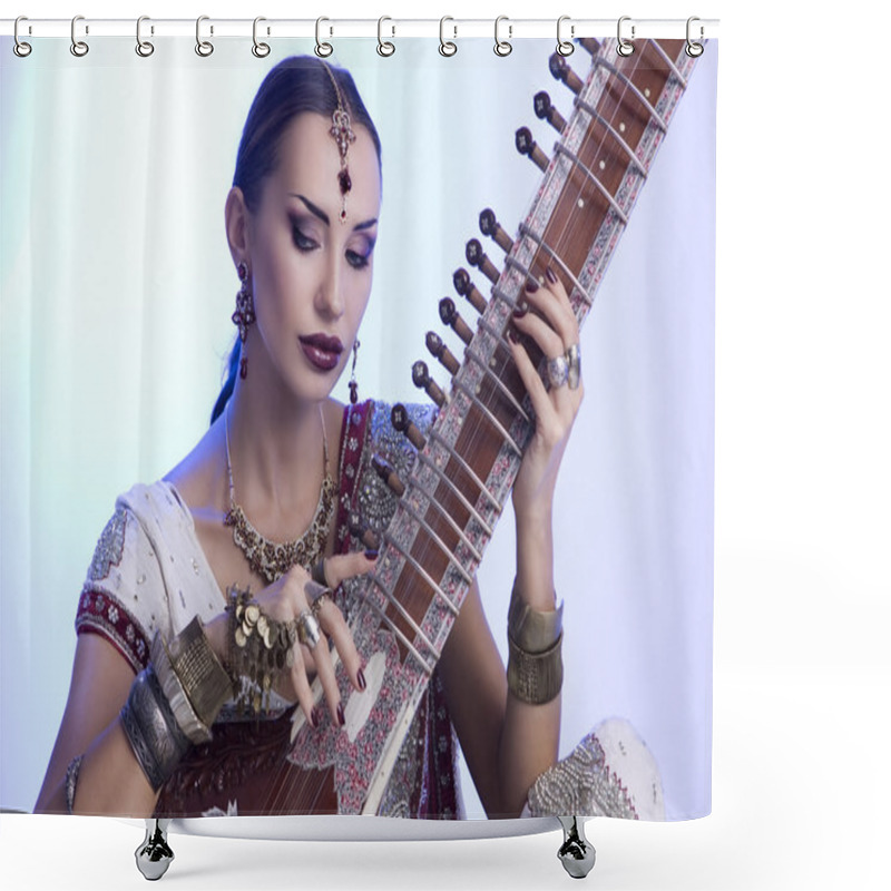 Personality  Beautiful Indian Woman In Sari With Oriental Jewelry Playing The Shower Curtains