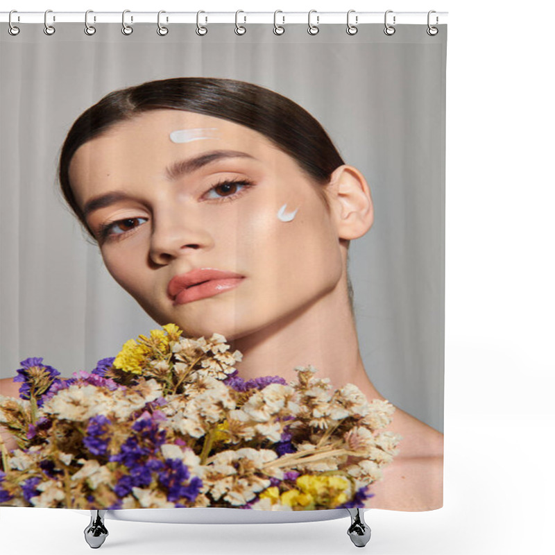 Personality  A Brunette Young Woman Exudes Beauty While Tenderly Holding A Bouquet Of Vibrant Flowers In A Studio Setting Against A Grey Background. Shower Curtains