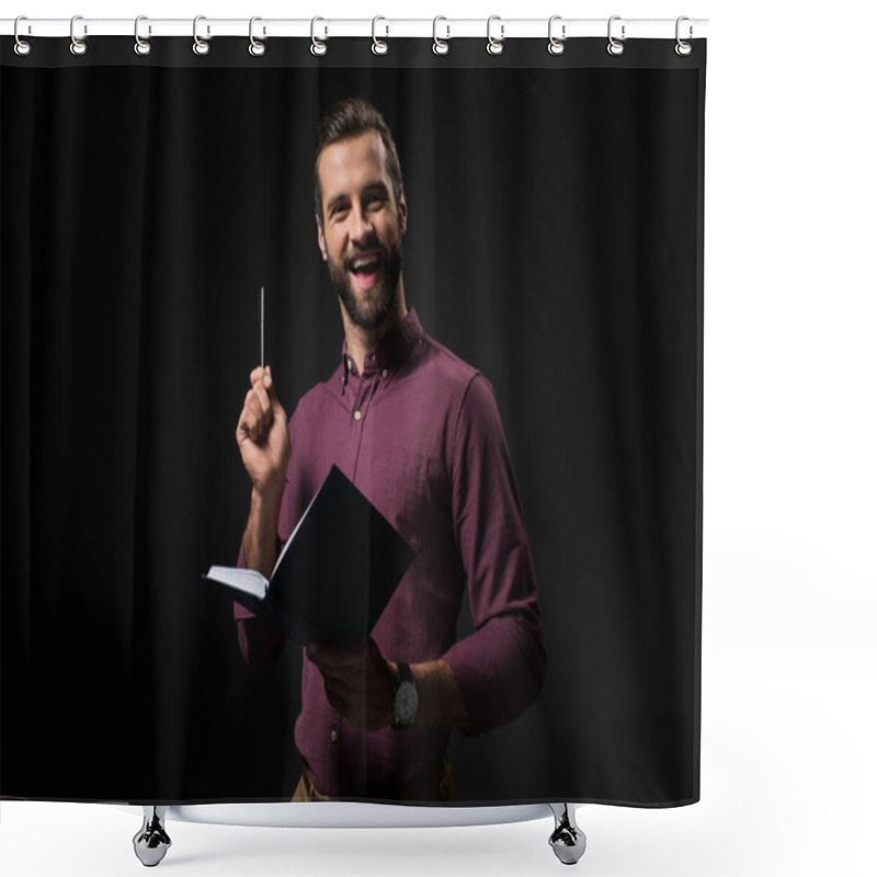 Personality  Portrait Of Excited Businessman With Notebook Isolated On Black Shower Curtains