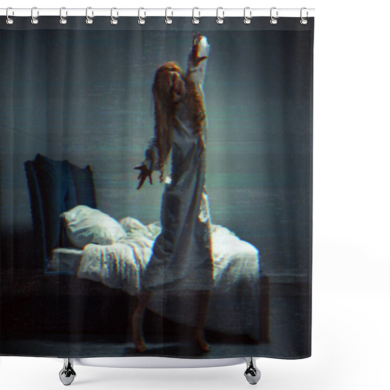 Personality  Selective Focus Of Obsessed Creepy Girl In Nightgown Shouting In Bedroom Shower Curtains