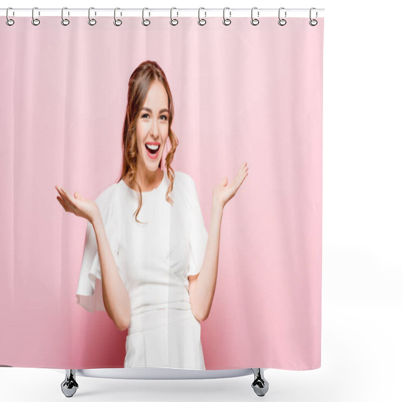 Personality  Beautiful Woman Looking Suprised Isolated On Pink Shower Curtains