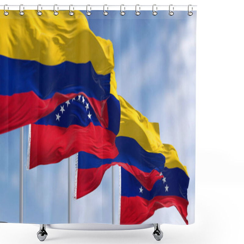 Personality  National Flags Of Colombia And Venezuela Waving In The Wind On A Clear Day. South American Countries. 3d Illustration Render. Selective Focus. Waving Fabric Shower Curtains