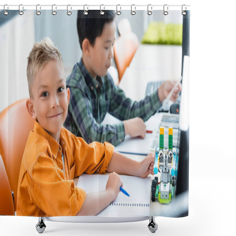 Personality  Selective Focus Of Schoolboy Looking At Camera Near Robot And Asian Friend In Stem School  Shower Curtains