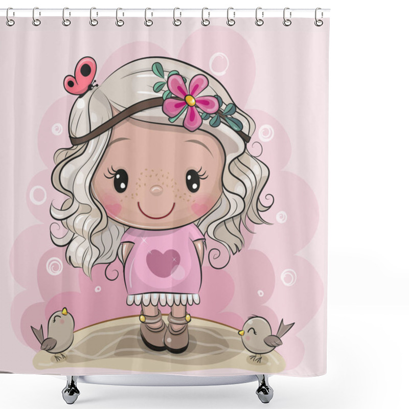 Personality  Cute Cartoon Girl With Butterflies And Birds On The Meadow  Shower Curtains