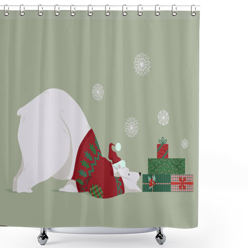 Personality  Christmas Polar Bear And Gifts. Funny Cute White Bear With  Presents.  For Greeting Card With Merry Christmas And New Year, Decor, Wrapping, And Packaging Design. Vector Illustration EPS 10 Shower Curtains