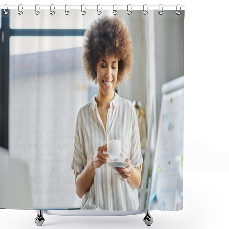 Personality  African American Woman, Elegant And Focused, Relaxes With A Steaming Cup Of Coffee In Hand. Shower Curtains