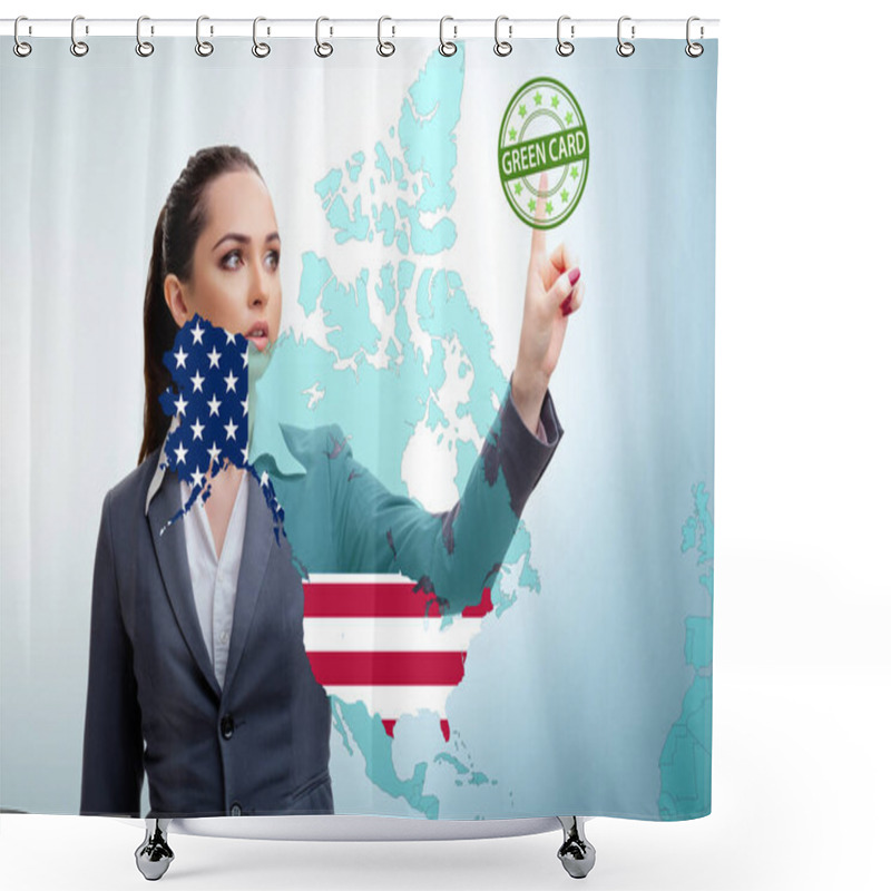 Personality  Concept Of Immigration To USA With Virtual Button Pressing Shower Curtains