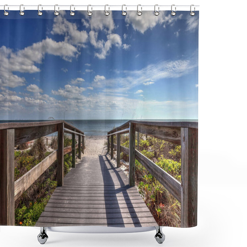 Personality  Boardwalk Leading To Lighthouse Beach Park In Sanibel, Florida Under A Blue Sky. Shower Curtains