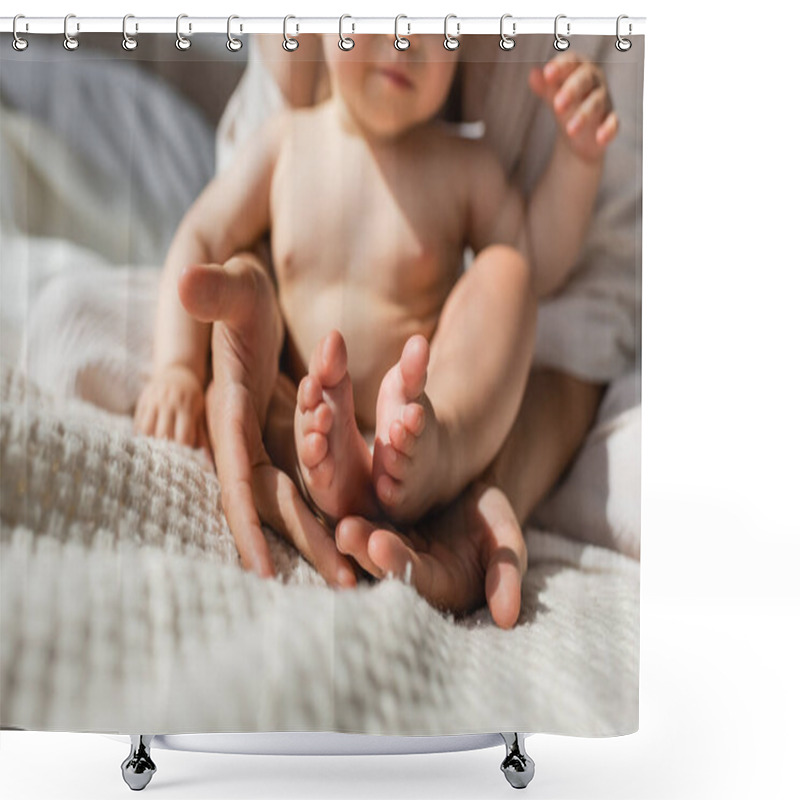 Personality  Partial View Of Mother Holding In Hands Tiny Bare Feet Of Infant Daughter In Bedroom  Shower Curtains