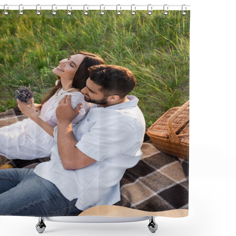 Personality  Smiling Woman With Closed Eyes Holding Lavender Bouquet Near Man Hugging Her During Picnic  Shower Curtains