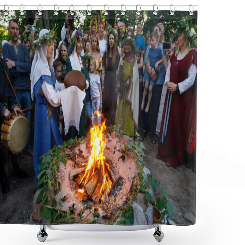 Personality  Vilnius, Lithuania, June 24, 2022. Midsummer Festival (Jonins, Or John's Day,) Women In Lithuanian National Costumes Perform Rituals With Freshly Baked Rye Bread, During The Celebration Midsummer Festival In Verkiai Park In Vilnius, Lithuania. Shower Curtains