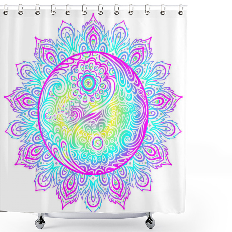 Personality  Yin Yang Harmony Sign Over Ornate Mandala Round Pattern. Vector  Shower Curtains