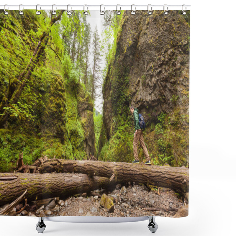 Personality  Adventure Man Hiking With Backpack, Walking In Oneonta Gorge, Outdoor Lifestyle Shower Curtains