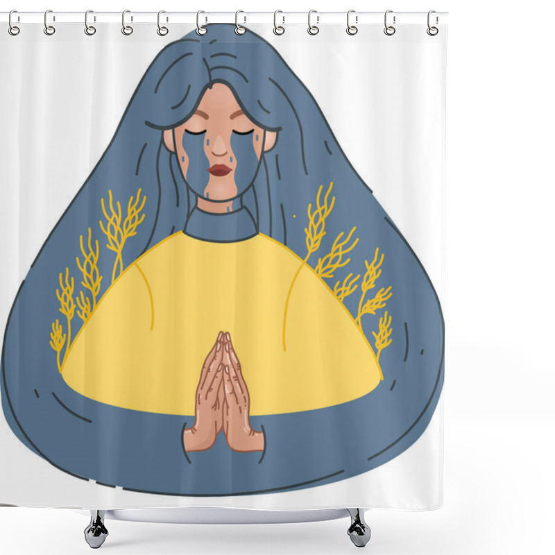 Personality  Illustration Of Crying Ukrainian Woman Praying With Closed Eyes On White Shower Curtains