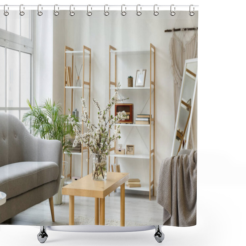 Personality  Vase With Blossoming Branches In Interior Of Modern Living Room Shower Curtains