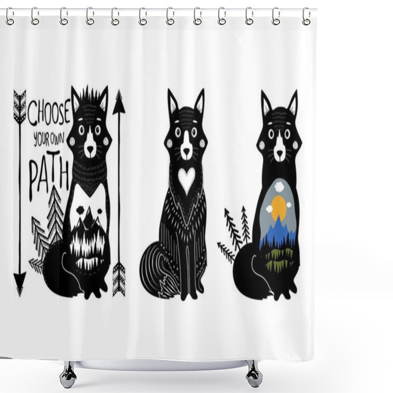 Personality  Vector Illustration Set With Foxes, Mountains, Black And White Pine Forest, Arrows, Clouds. Lettering Text - Choose Your Own Path. Shower Curtains