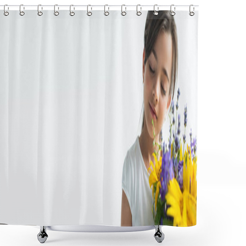 Personality  Child With Closed Eyes Standing Near Blue And Yellow Bouquet Isolated On Grey, Banner  Shower Curtains