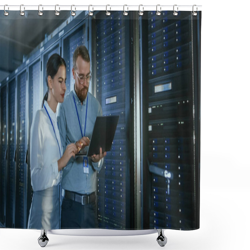 Personality  Bearded IT Technician In Glasses With A Laptop Computer And Beautiful Young Engineer Colleague Are Talking In Data Center While Working Next To Server Racks. Running Diagnostics Or Doing Maintenance Work. Shower Curtains