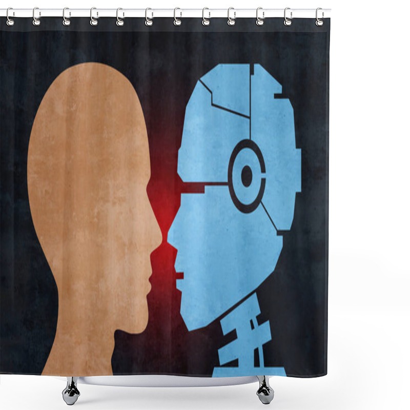 Personality  Human And Robot Or Robotic Automation Replacing Humans As Technology And Traditional Job Loss As Employees Being Replaced By AI Or Robots In A 3D Illustration Style.  Shower Curtains