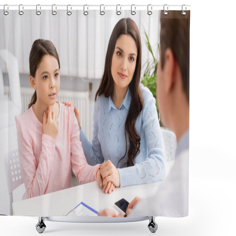 Personality  Cropped View Of Otolaryngologist, And Smiling Woman Holding Hand Of Daughter Touching Her Throat  Shower Curtains