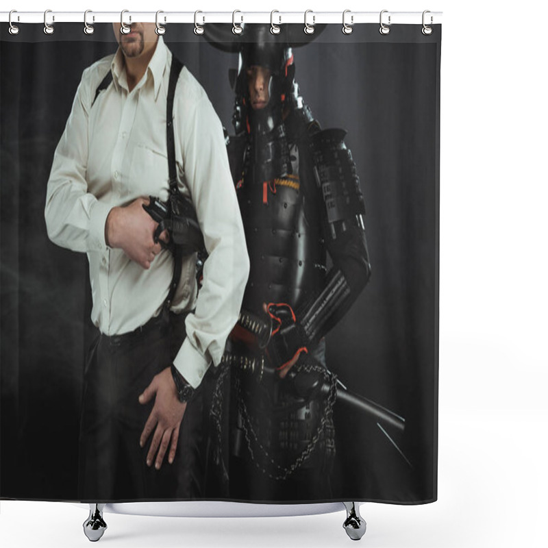 Personality  Cropped Shot Of Man With Gun And Samurai Behind Him On Black Shower Curtains