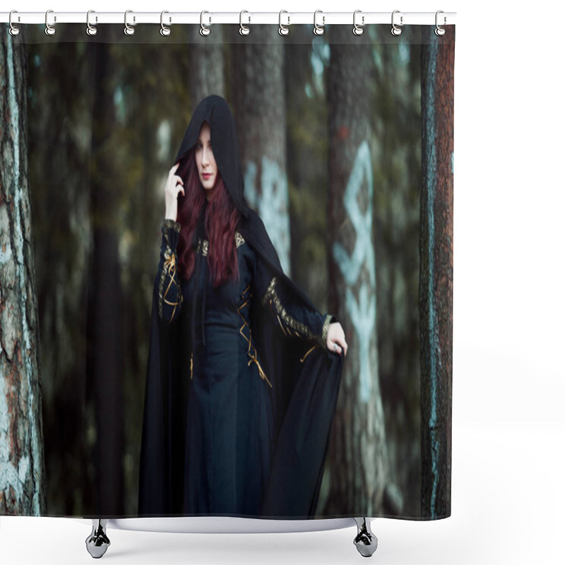 Personality  Young Beautiful And Mysterious Woman In Woods, In Black Cloak With Hood, Image Of Forest Elf Or Witch Shower Curtains