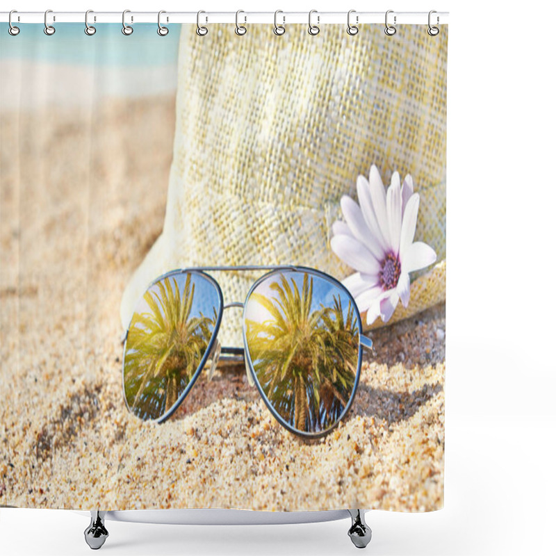 Personality  Palm Trees In Stylish Mirrored Sunglasses On Sand Against Straw Hat. Tropical Summer Vacation Concept. Shower Curtains