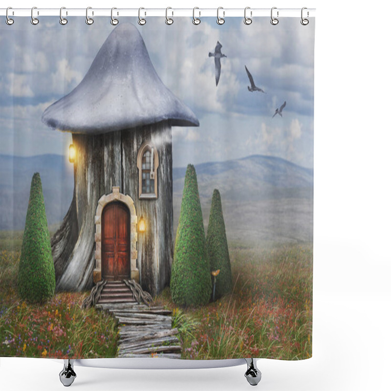 Personality  Fairy Tree House With Mushroom Hat And Old Door On Fantasy Landscape Shower Curtains