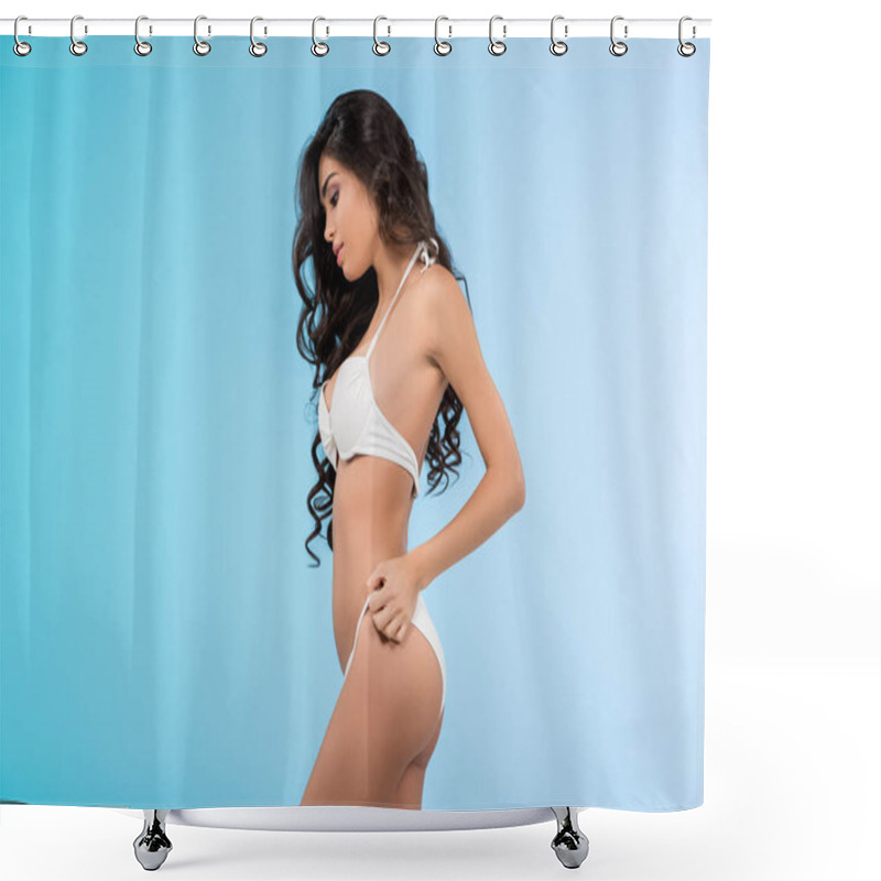 Personality  Brunette Slim Girl Posing In White Swimsuit, Isolated On Blue Shower Curtains