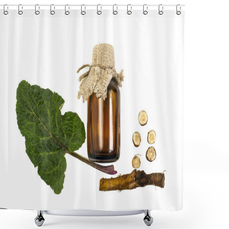 Personality  Burdock (Arctium Lappa), Root And Leaves, Burdock Oil In Bottle Isolated On White. Medicinal Plant Burdock Is Used In Herbal Medicine And Cosmetology. Treatment And Hair Care Shower Curtains