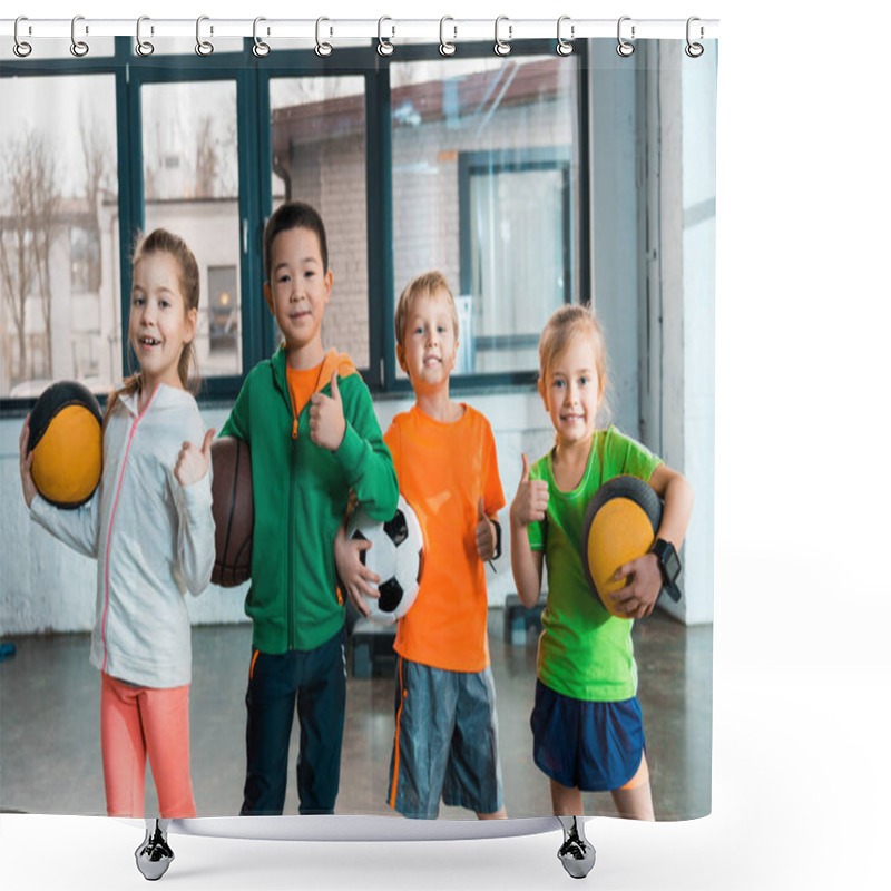 Personality  Front View Of Happy Multicultural Children Holding Balls In Gym Shower Curtains