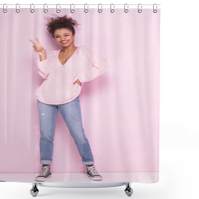 Personality  Happy Afro Girl With Amazing Smile Posing On Pink Background. Shower Curtains