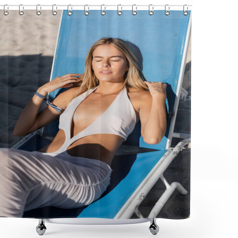 Personality  A Young, Beautiful Blonde Woman Sitting In A Chair On Miami Beach, Enjoying The Serenity Of The Ocean Waves. Shower Curtains