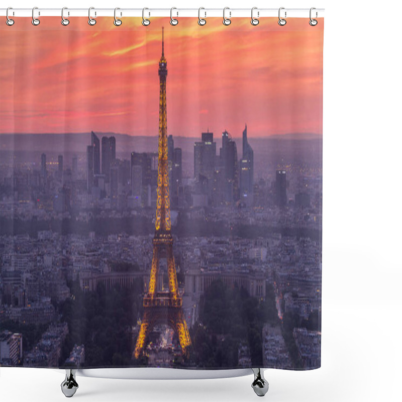 Personality  Panorama Of Paris After Sunset Day To Night Transition Timelapse. Eiffel Tower View From Observation Deck Of Montparnasse Building In Paris - France. Colorful Sky At Summer Day Shower Curtains