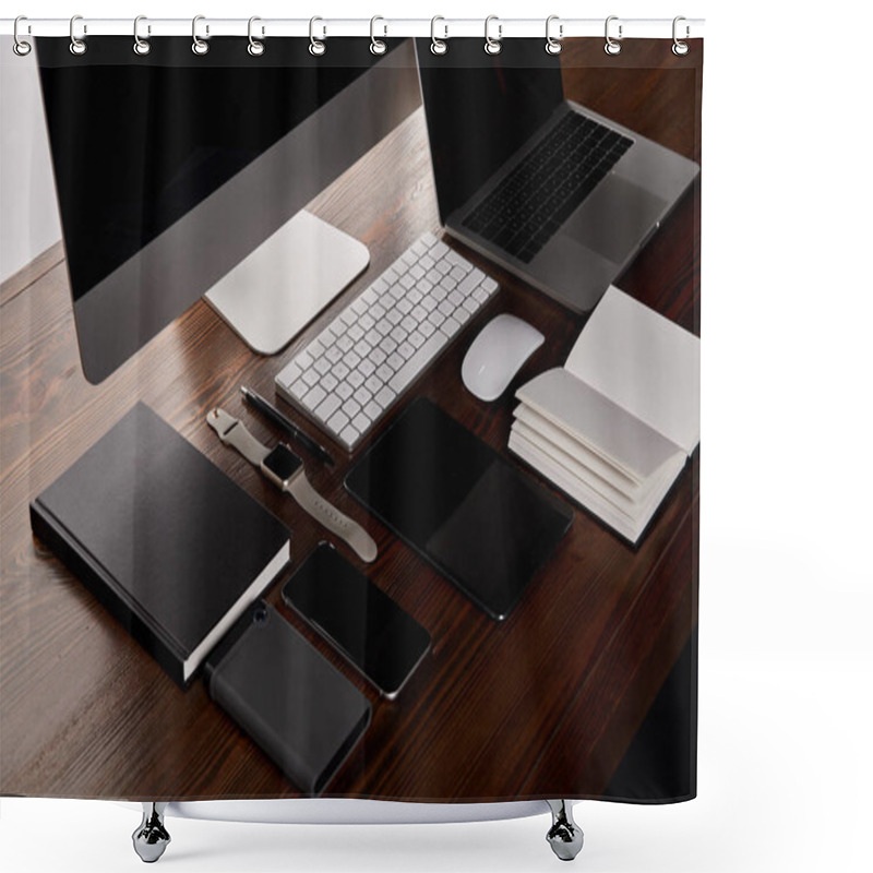 Personality  Modern Workplace With Various Gadgets On Wooden Table Shower Curtains