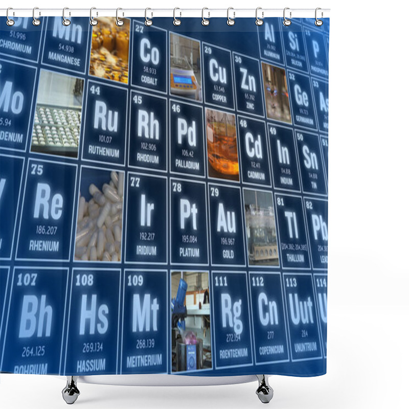 Personality  Periodic Table Of Elements And Laboratory Tools. Science Concept. Shower Curtains