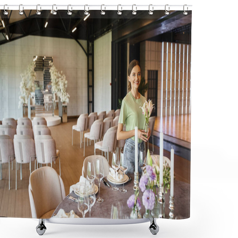 Personality  Joyful Florist Holding Vase With Flowers Near Table With Festive Dishware And Candles In Event Hall Shower Curtains