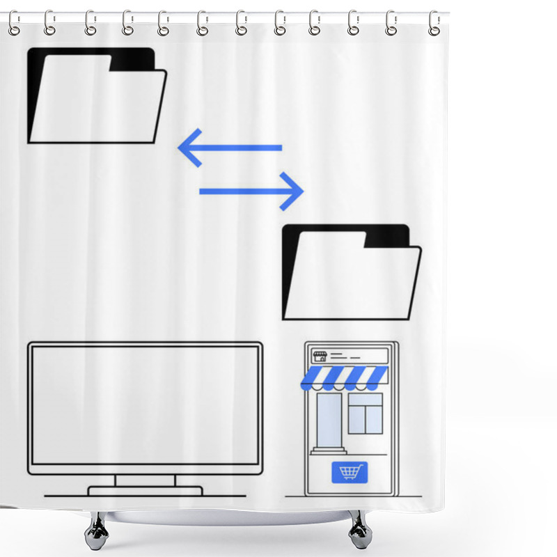 Personality  Folder Icons Transferring Files Between A Computer Monitor And An Online Store. Ideal For E-commerce, Online Transactions, Digital Communication, Document Sharing, Cloud Storage, Remote Working. Line Shower Curtains