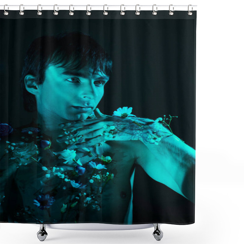 Personality  Shirtless Man Surrounded By Flowers Posing In Studio With Blue Light Shower Curtains