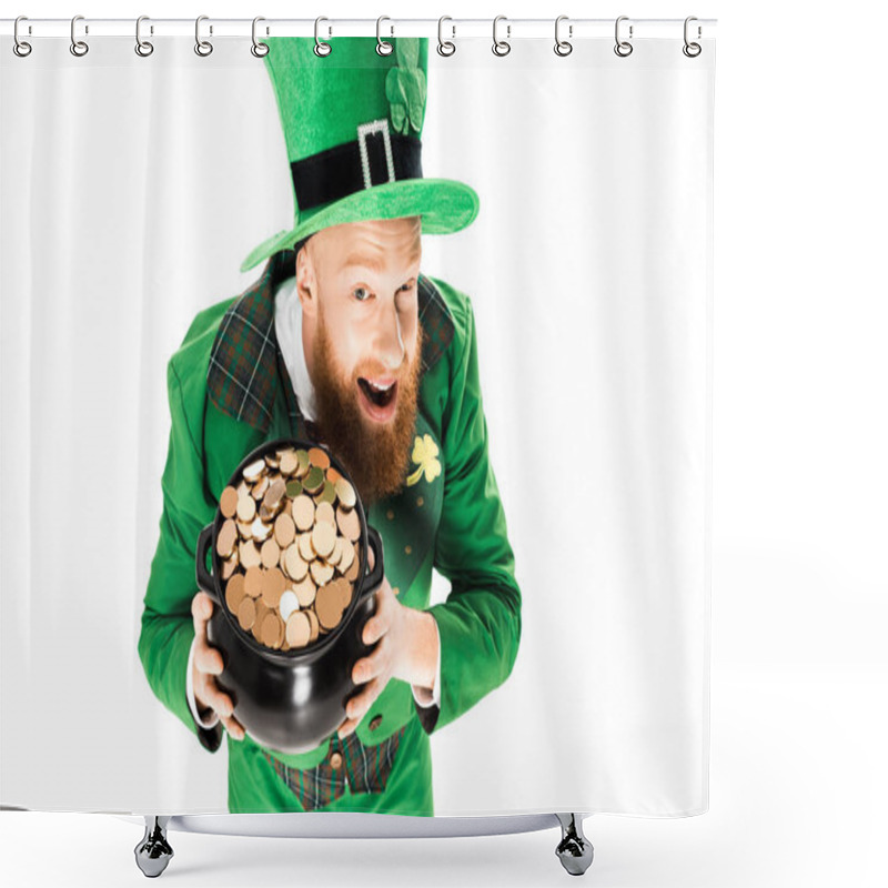 Personality  Excited Leprechaun In Green Suit And Hat Holding Pot Of Gold, Isolated On White  Shower Curtains