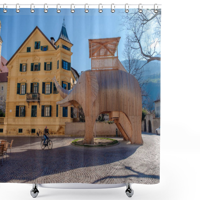 Personality  Scenery Of Old Buildings And Wooden Elephant Sculpture On Street On Town Of Brixen, South Tyrol, Italy, Europe Shower Curtains