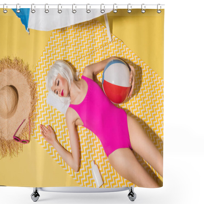 Personality  Top View Of Girl In White Wig And Pink Swimsuit With Ball Sleeping On Yellow Towel Shower Curtains