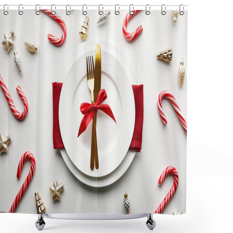 Personality  Top View Of Festive Christmas Table Setting On White Background With Decoration And Candies Shower Curtains