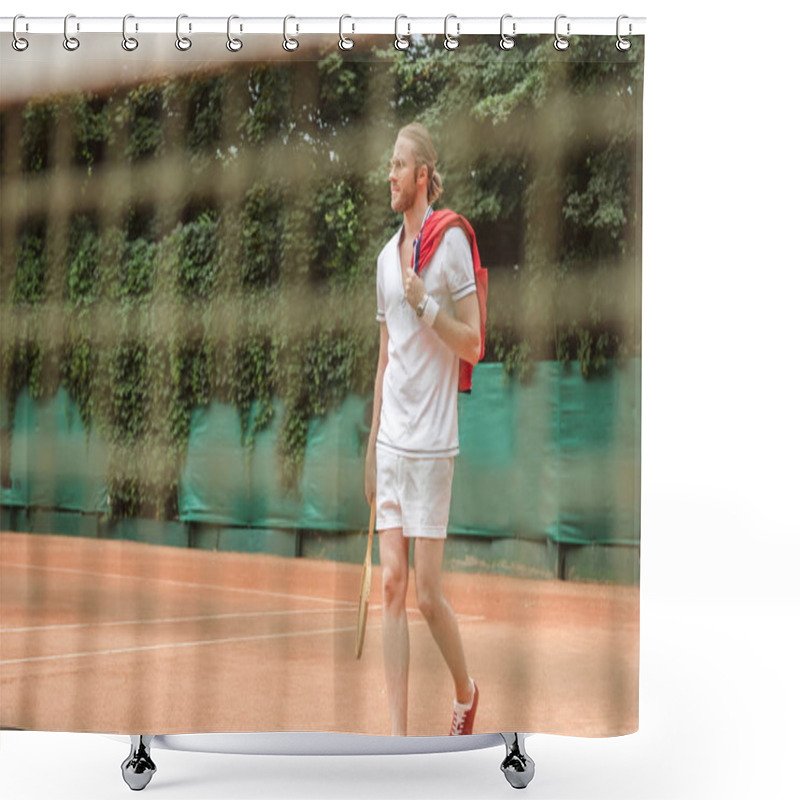 Personality  Selective Focus Of Tennis Player With Racket Through Net Shower Curtains