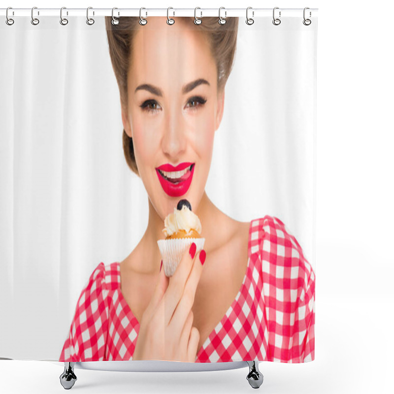 Personality  Portrait Of Beautiful Woman In Pin Up Clothing With Cupcake Isolated On White Shower Curtains