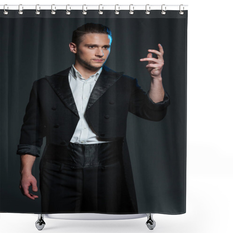 Personality  Serious Young Man Magician In Black Tail Coat Showing Tricks Shower Curtains