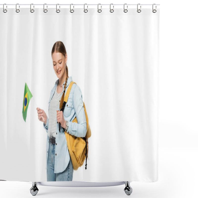 Personality  Smiling Pretty Student With Backpack Holding Flag Of Brazil Isolated On White Shower Curtains